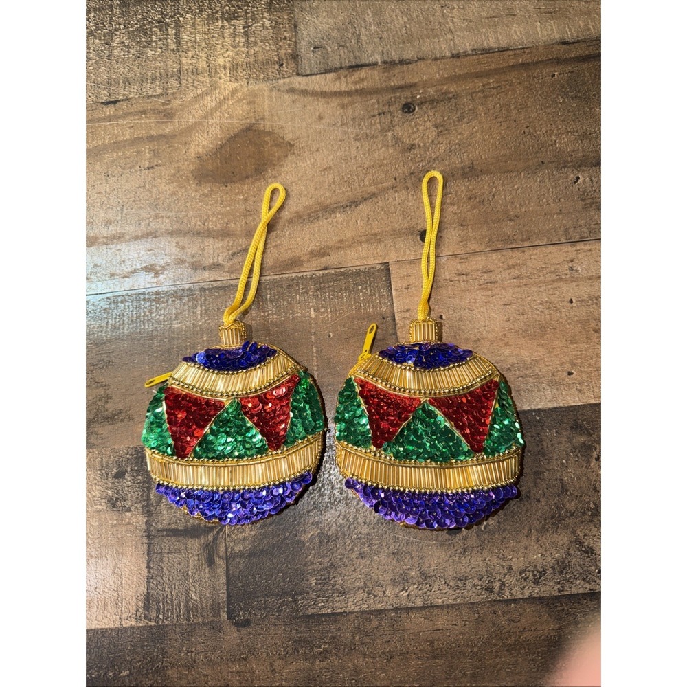 Vintage‎ Handmade Purse Christmas Ornaments Sequin Beaded Geometric Lot of 2